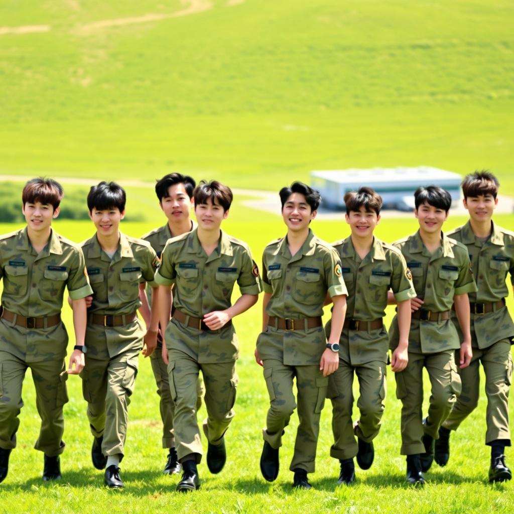Seven South Korean soldiers in military uniforms, resembling members of BTS, confidently walking together as they exit a military base