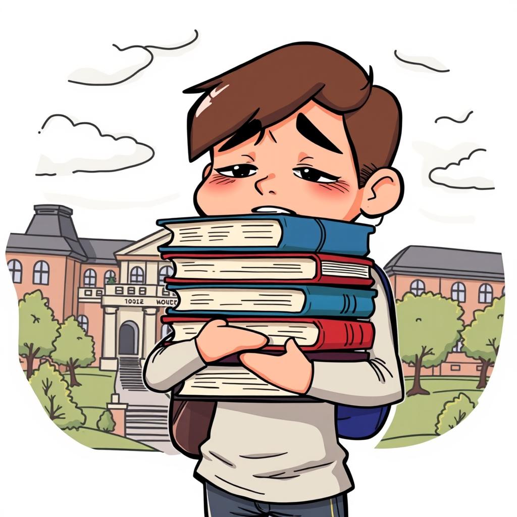 A cartoon of a university student with a sad expression, wearing casual attire and holding a stack of heavy textbooks