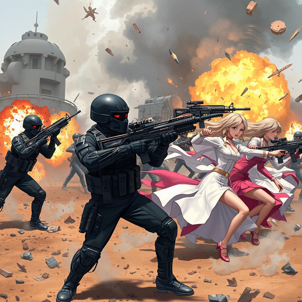 A thrilling battle scene illustrating male soldiers in sleek black uniforms and advanced armor engaged in fierce combat against female soldiers clad in elegant white and pink uniforms