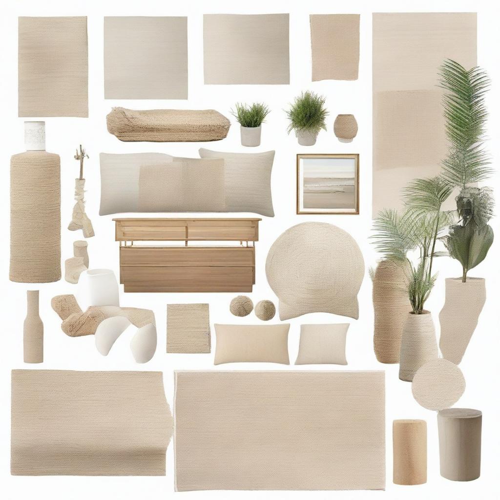 Create a mood board for a serene, natural, sand-inspired interior. Include samples of neutral color palettes, textures found in nature, and eco-friendly furniture that complement the theme.