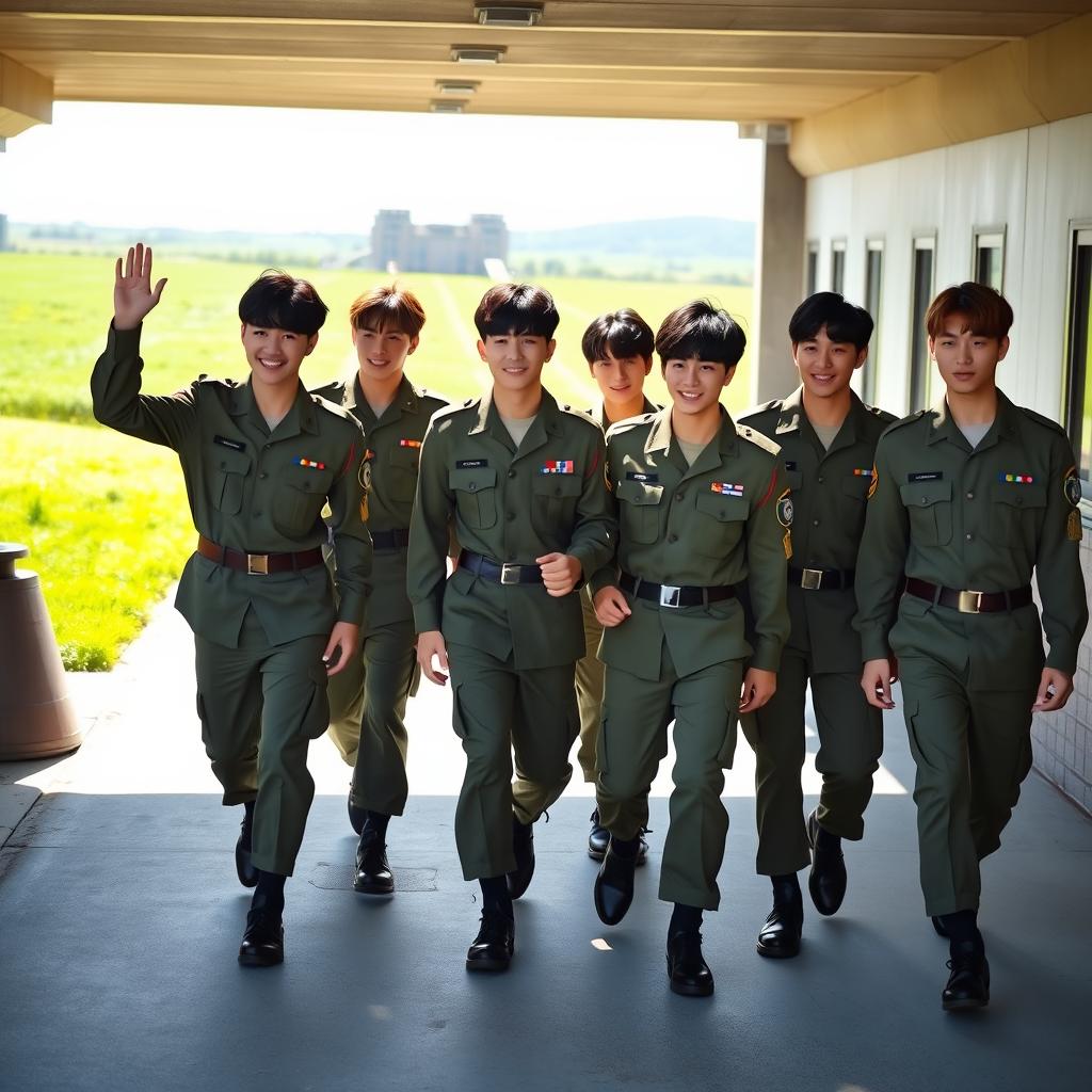Seven South Korean soldiers in military uniforms, resembling members of BTS, confidently walking together as they exit a military base