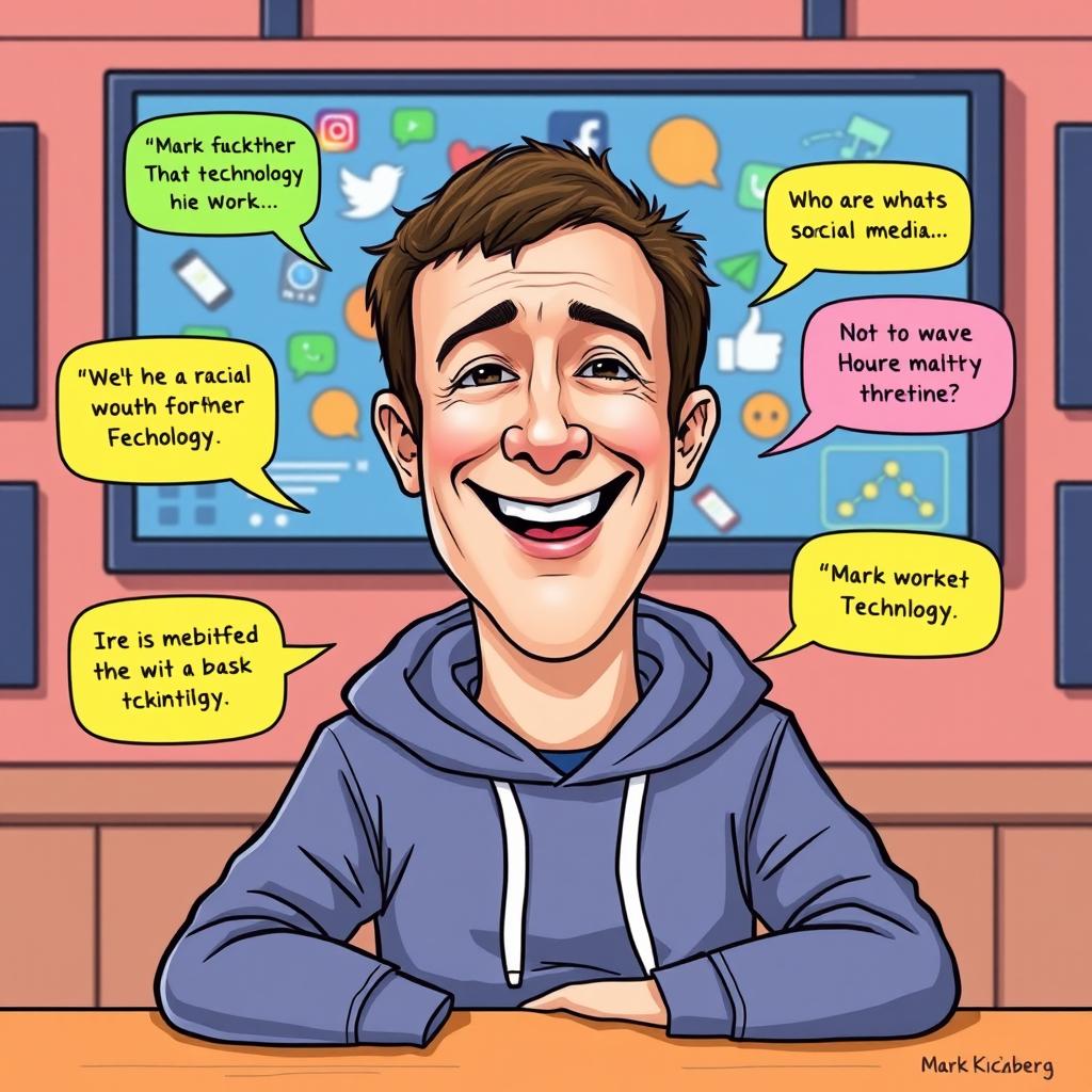 A humorous cartoon of Mark Zuckerberg, showcasing him with exaggerated facial features and a broad smile, wearing a casual hoodie