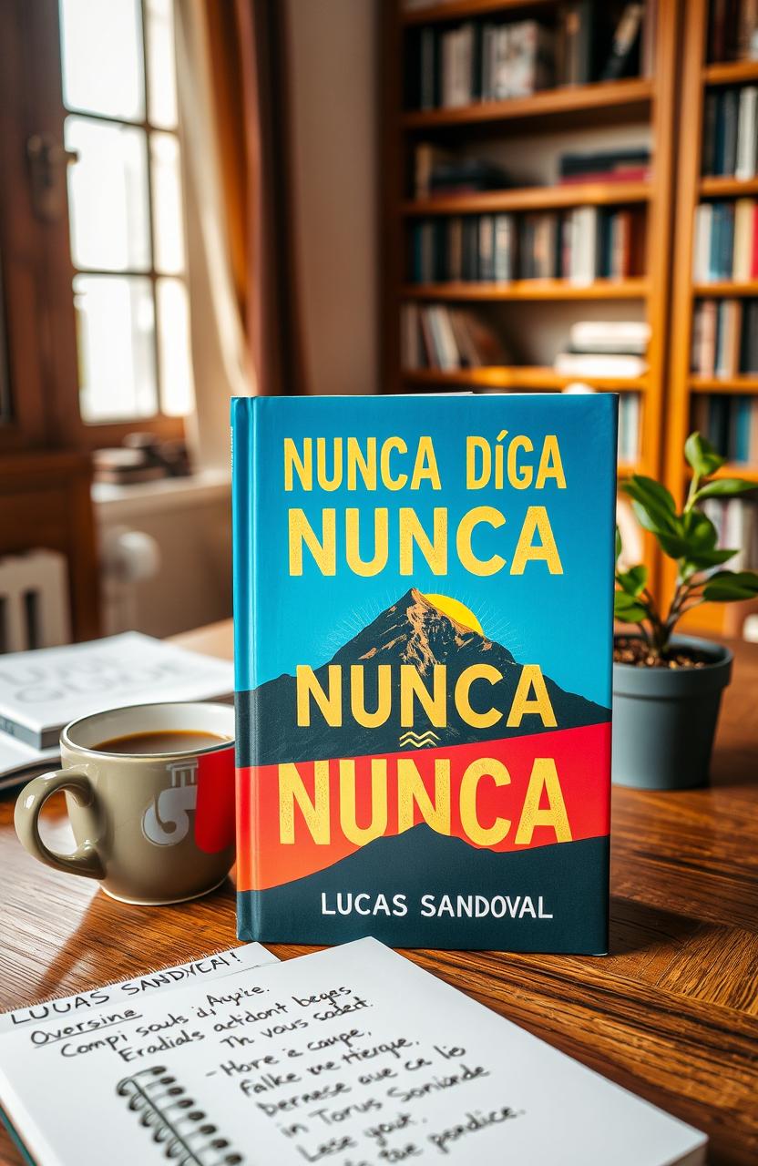 A hardcover book titled 'Nunca Diga Nunca - Crie Suas Próprias Regras e Torne Seus Sonhos Realidade' by Lucas Sandoval, displayed on a wooden table in a cozy, well-lit study