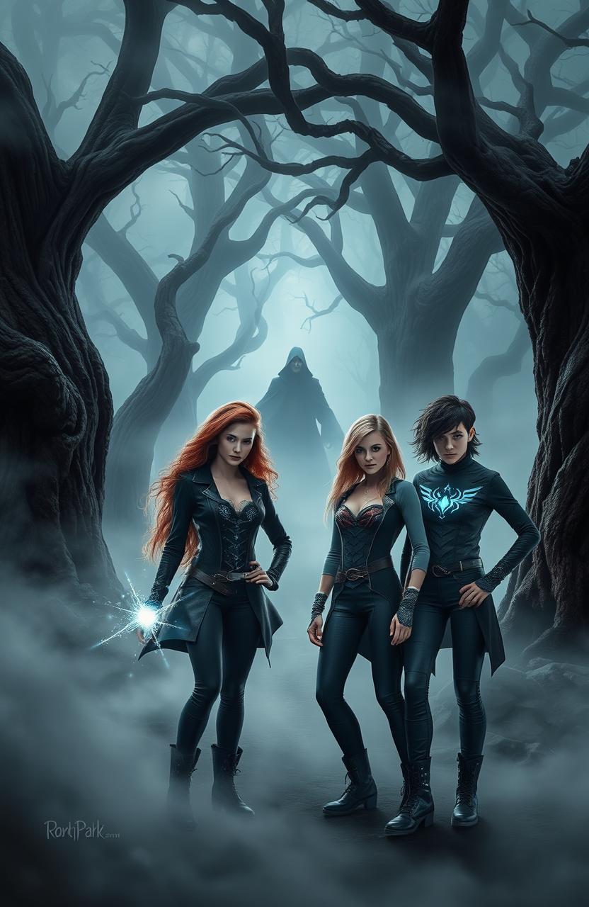 A captivating scene of magical teenagers standing confidently in a spooky, mystical forest filled with dense, swirling fog