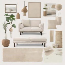 Create a mood board for a serene, natural, sand-inspired interior. Include samples of neutral color palettes, textures found in nature, and eco-friendly furniture that complement the theme.