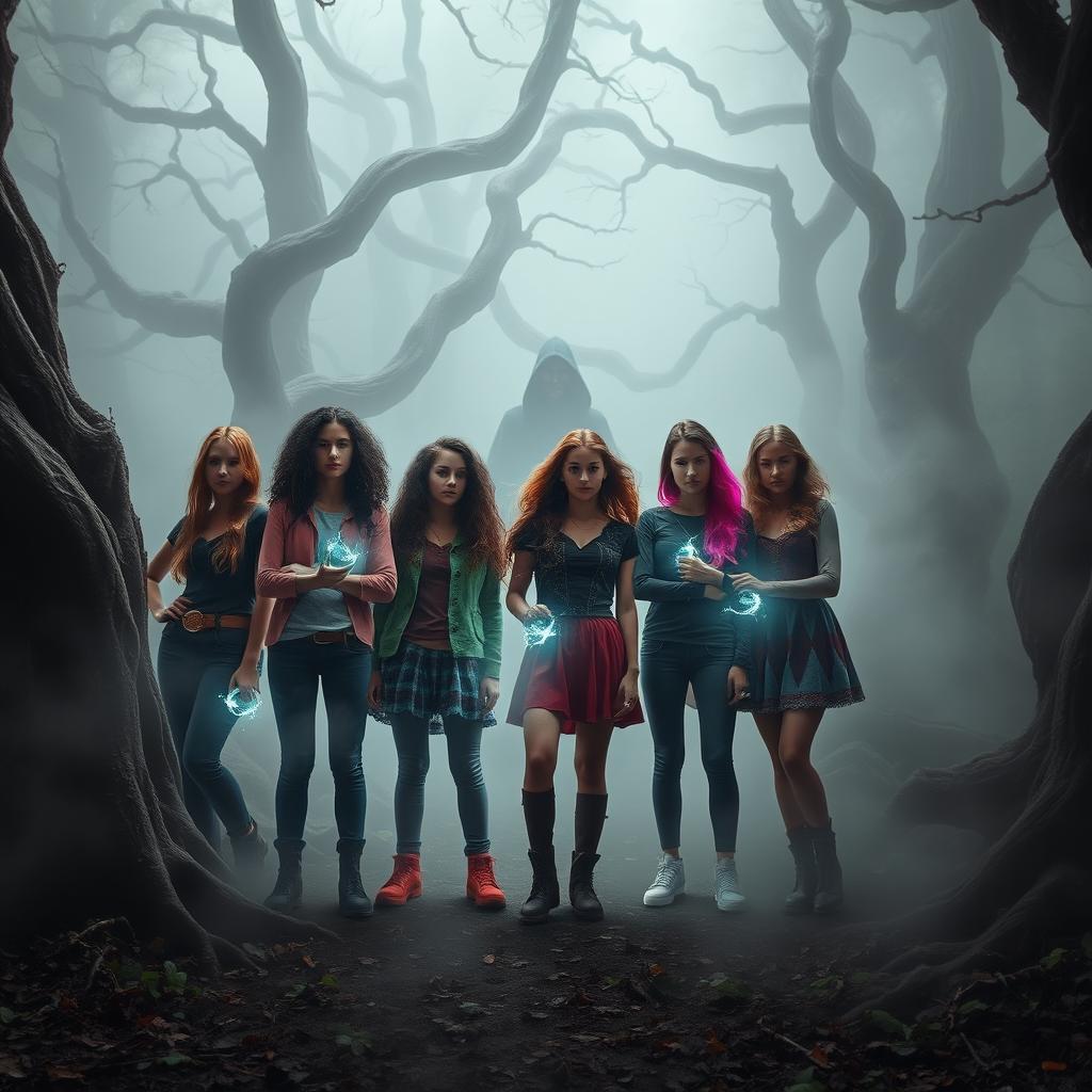 A captivating scene of magical teenagers standing confidently in a spooky, mystical forest enveloped in thick, swirling fog
