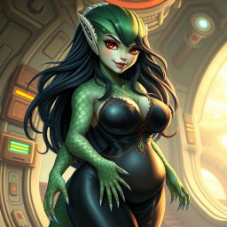 An enchanting portrait of a female alien hybrid featuring lizard and fish traits, showcasing lovely green and white scales that emphasize her large hips and plus-sized body