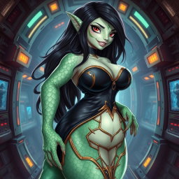 An enchanting portrait of a female alien hybrid featuring lizard and fish traits, showcasing lovely green and white scales that emphasize her large hips and plus-sized body