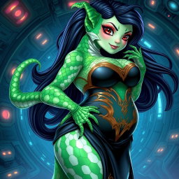 An enchanting portrait of a female alien hybrid featuring lizard and fish traits, showcasing lovely green and white scales that emphasize her large hips and plus-sized body