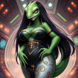 An enchanting portrait of a female alien hybrid featuring lizard and fish traits, showcasing lovely green and white scales that emphasize her large hips and plus-sized body