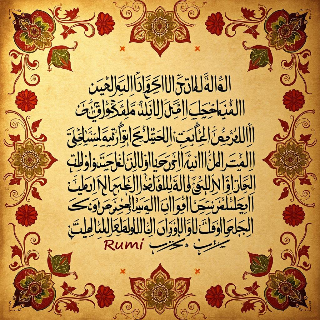 Beautiful calligraphy of Rumi's poetry, showcasing Persian script on a textured parchment background, surrounded by intricate floral motifs and geometric patterns, with warm, earthy colors and a soft glow, capturing the essence of mysticism and spirituality inherent in Rumi's verses