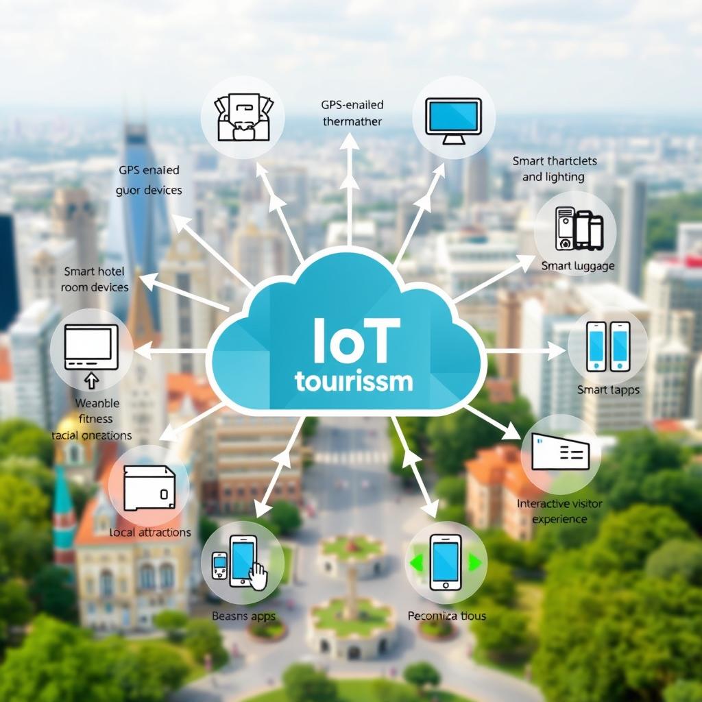 An informative diagram illustrating a smart tourism ecosystem showcasing various connected IoT devices