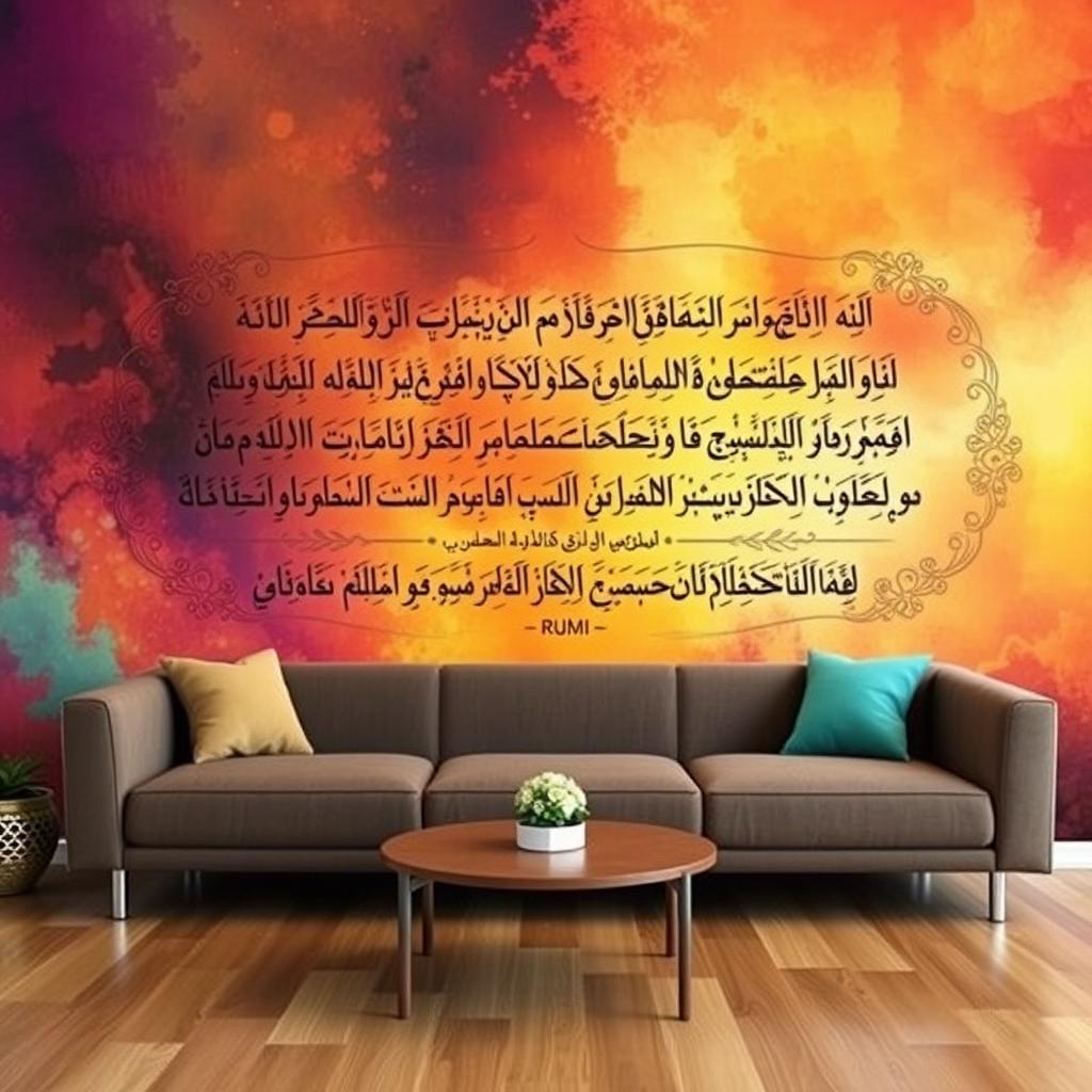 A large wall art display featuring beautiful calligraphy of a short poem by Rumi (Jalal ad-Din Muhammad Rumi), elegantly written with intricate and flowing lettering