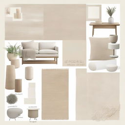 Create a mood board for a serene, natural, sand-inspired interior. Include samples of neutral color palettes, textures found in nature, and eco-friendly furniture that complement the theme.