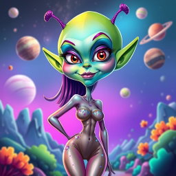 A vibrant caricature of a sexy female alien with exaggerated features, colorful skin tones varying from green to blue shades, large expressive eyes, and playful antennae on her head