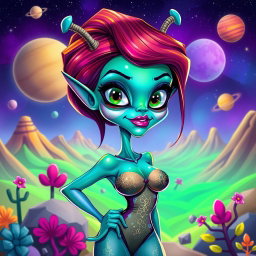 A vibrant caricature of a sexy female alien with exaggerated features, colorful skin tones varying from green to blue shades, large expressive eyes, and playful antennae on her head