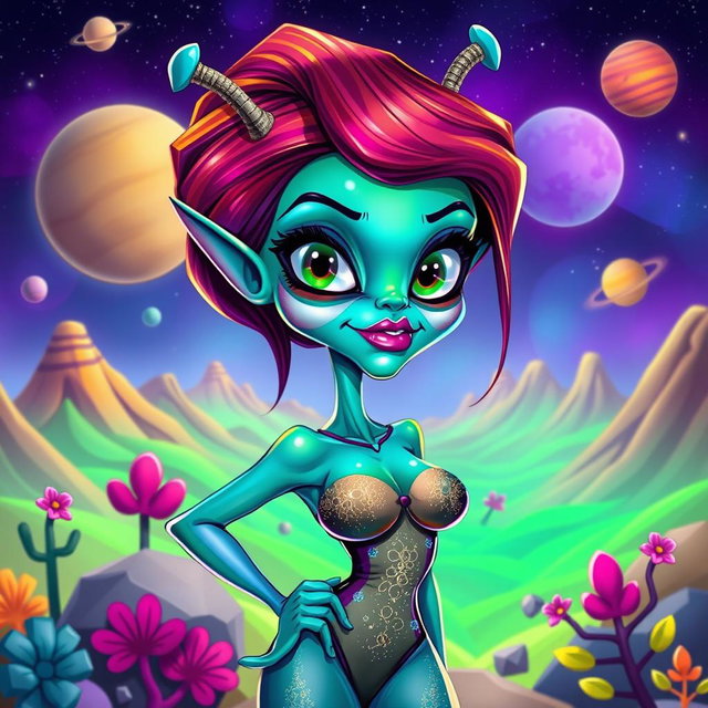 A vibrant caricature of a sexy female alien with exaggerated features, colorful skin tones varying from green to blue shades, large expressive eyes, and playful antennae on her head