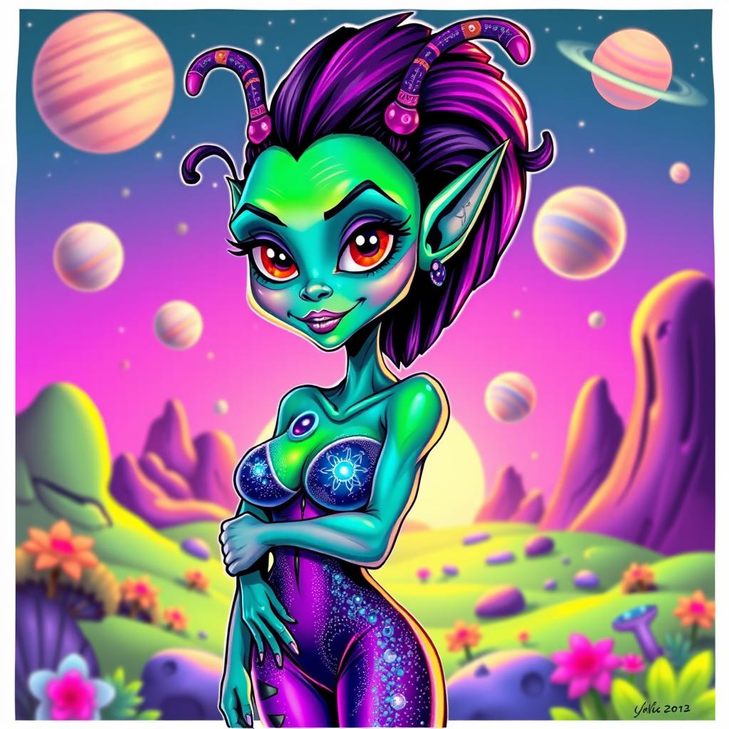 A vibrant caricature of a sexy female alien with exaggerated features, colorful skin tones varying from green to blue shades, large expressive eyes, and playful antennae on her head