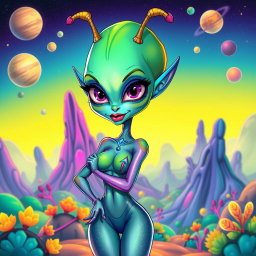 A vibrant caricature of a sexy female alien with exaggerated features, colorful skin tones varying from green to blue shades, large expressive eyes, and playful antennae on her head