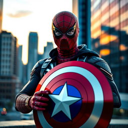 An edited photo featuring a superhero theme, showcasing an individual wearing a sleek Spider-Man mask while holding a vibrant Captain America shield