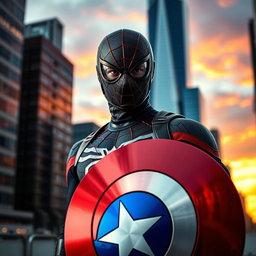 An edited photo featuring a superhero theme, showcasing an individual wearing a sleek Spider-Man mask while holding a vibrant Captain America shield