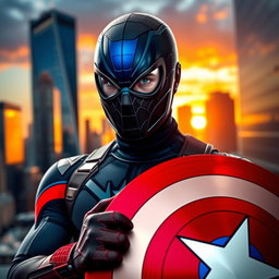 An edited photo featuring a superhero theme, showcasing an individual wearing a sleek Spider-Man mask while holding a vibrant Captain America shield
