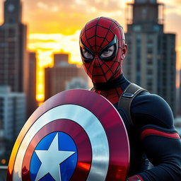 An edited photo featuring a superhero theme, showcasing an individual wearing a sleek Spider-Man mask while holding a vibrant Captain America shield