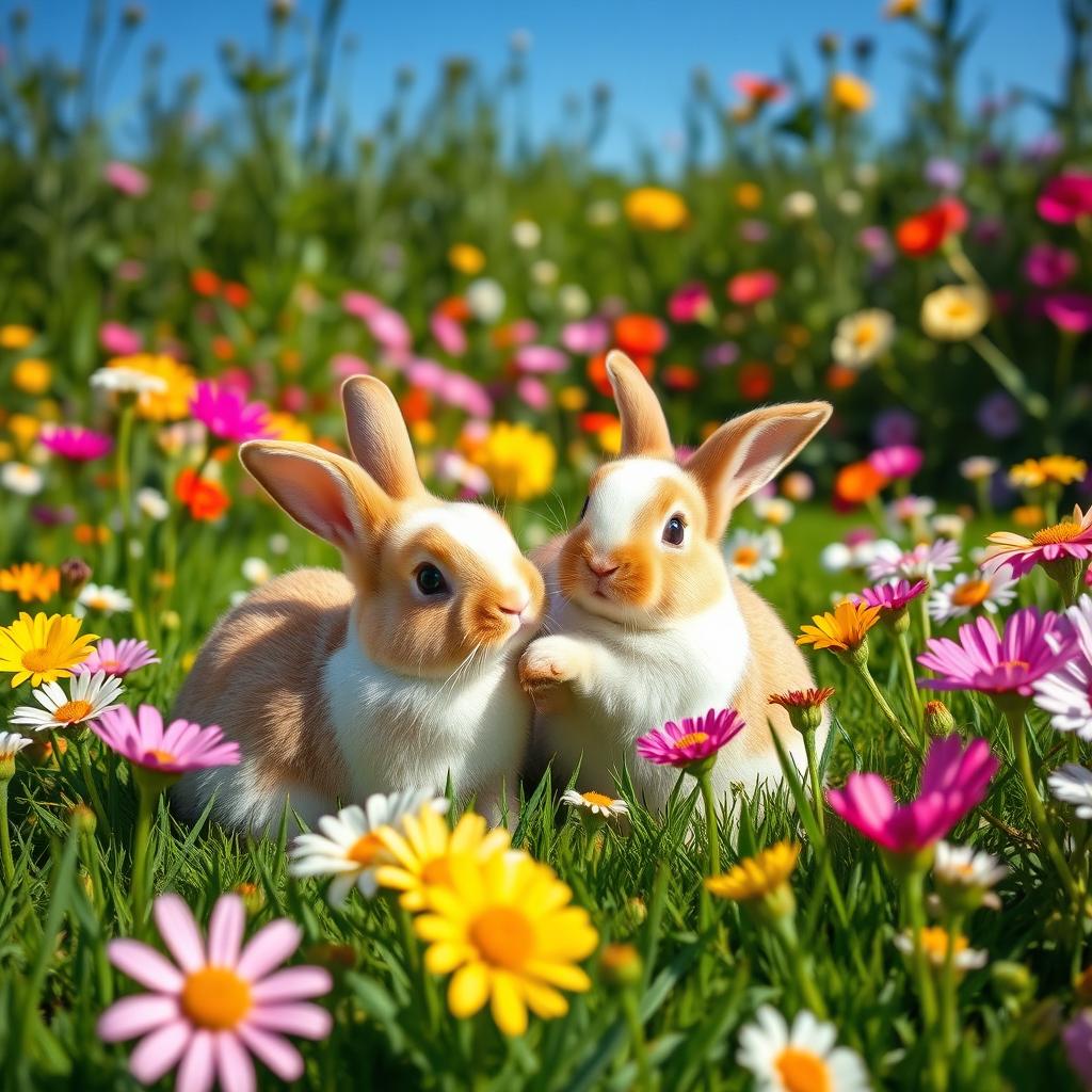 Two adorable rabbits in a vibrant and colorful flower field, surrounded by a variety of blooming flowers in different shapes and sizes