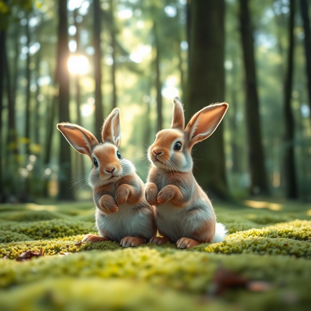 Two cute rabbits in a serene forest setting, surrounded by tall trees and a carpet of soft green moss