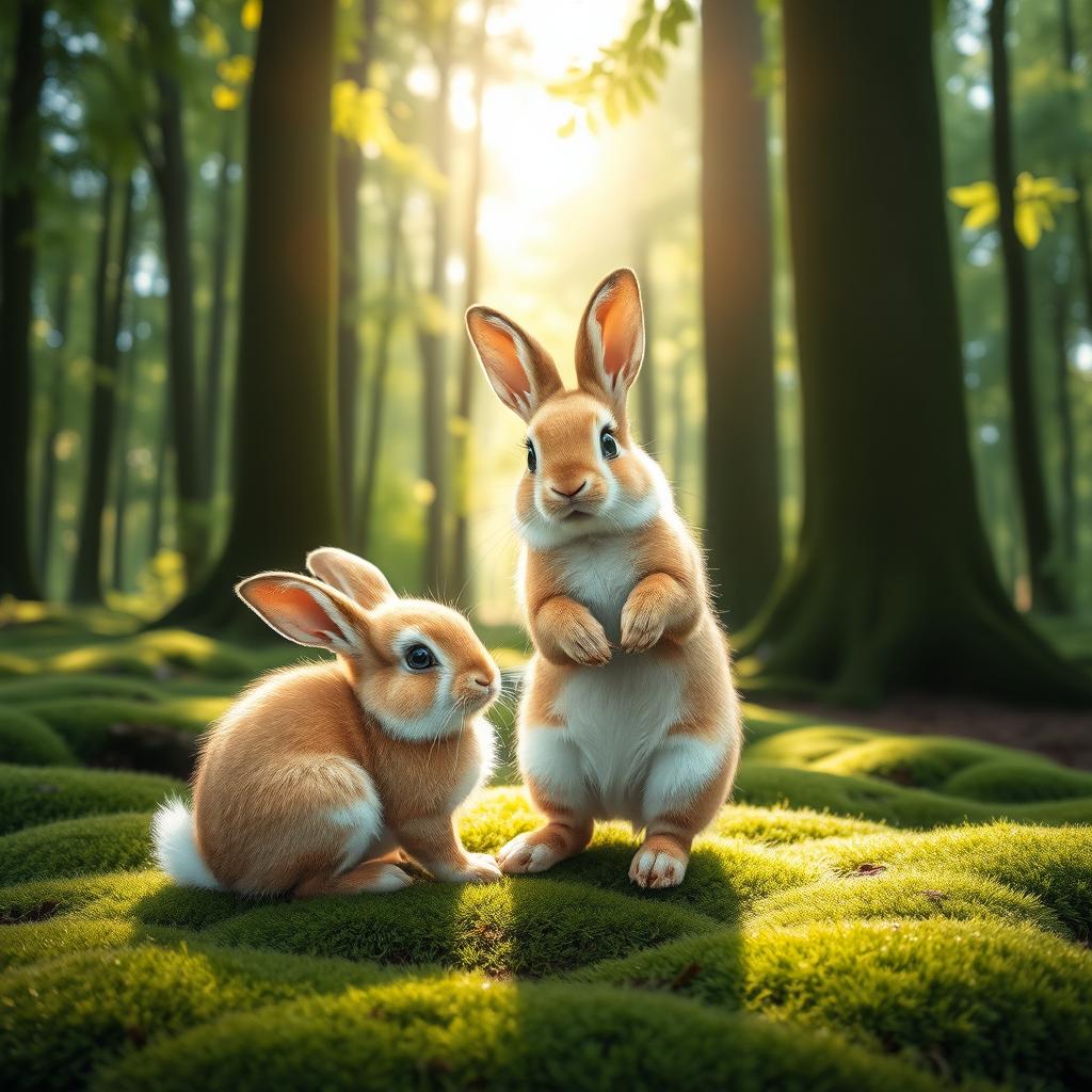 Whimsical Encounter: Adorable Rabbits in a Serene Forest