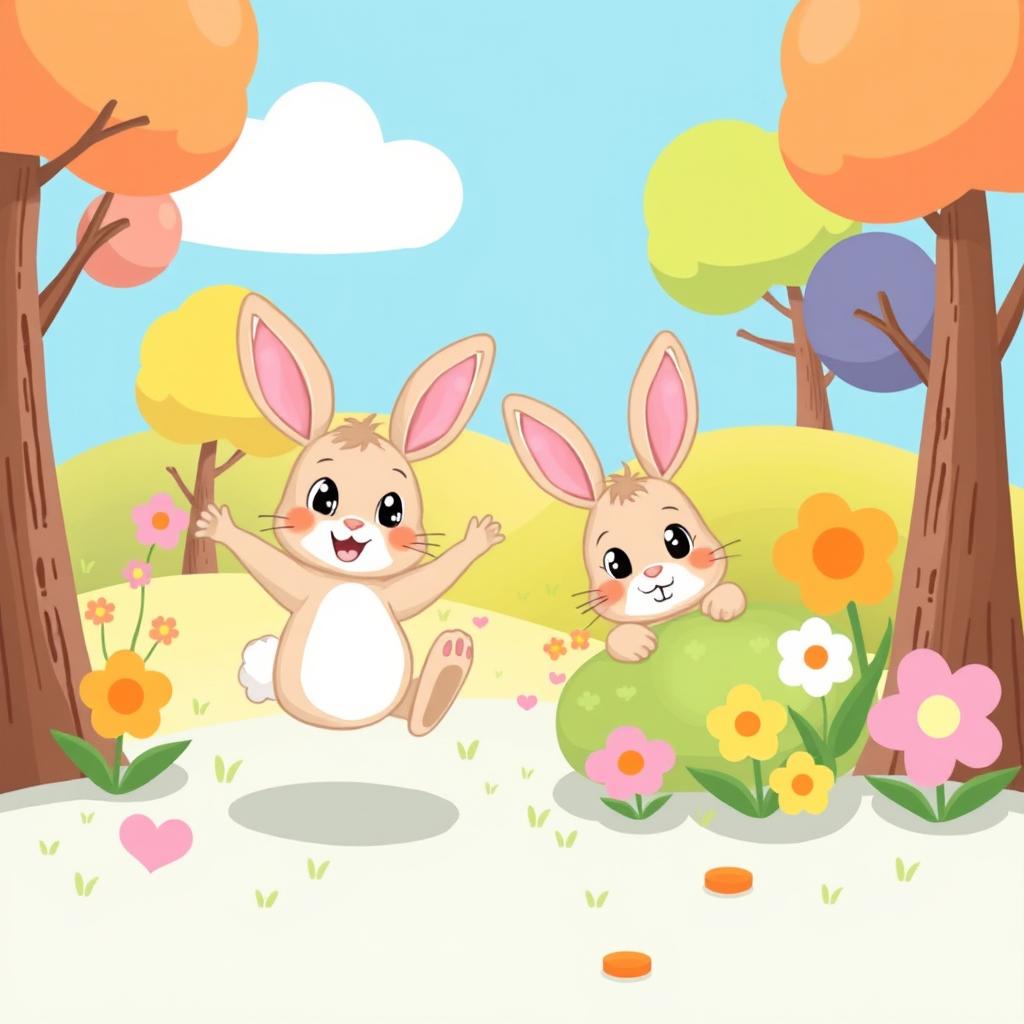 A charming children's illustration featuring two playful rabbits in a whimsical forest setting
