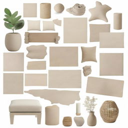 Create a mood board for a serene, natural, sand-inspired interior. Include samples of neutral color palettes, textures found in nature, and eco-friendly furniture that complement the theme.