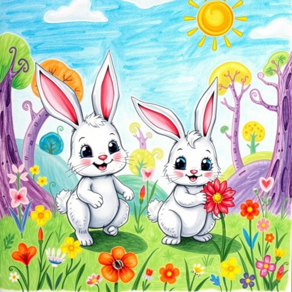 A delightful children's drawing featuring two playful rabbits in a vibrant forest setting