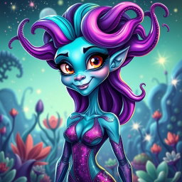 A playful caricature of a sexy female alien with tentacles for hair, featuring an array of vividly colored, flowing tentacles in shades of purple, green, and blue that swirl around her head