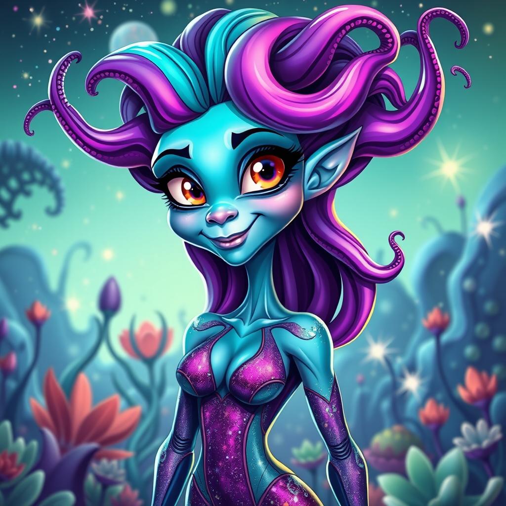 A playful caricature of a sexy female alien with tentacles for hair, featuring an array of vividly colored, flowing tentacles in shades of purple, green, and blue that swirl around her head