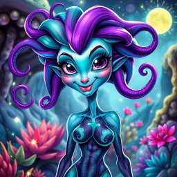 A playful caricature of a sexy female alien with tentacles for hair, featuring an array of vividly colored, flowing tentacles in shades of purple, green, and blue that swirl around her head