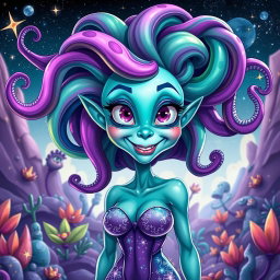 A playful caricature of a sexy female alien with tentacles for hair, featuring an array of vividly colored, flowing tentacles in shades of purple, green, and blue that swirl around her head
