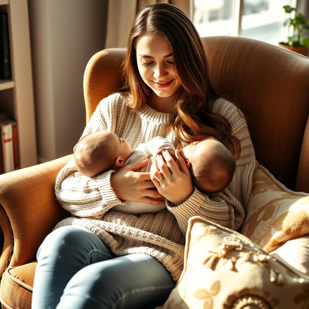 A beautiful young woman with long brown hair sitting comfortably in an elegant armchair, gently holding a baby in her arms