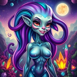 A captivating caricature of a full body sexy female alien with long, flowing tentacles for hair that spiral elegantly around her head and shoulders, showcasing vibrant colors like purple, turquoise, and emerald green