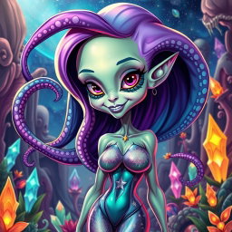 A captivating caricature of a full body sexy female alien with long, flowing tentacles for hair that spiral elegantly around her head and shoulders, showcasing vibrant colors like purple, turquoise, and emerald green