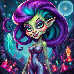 A captivating caricature of a full body sexy female alien with long, flowing tentacles for hair that spiral elegantly around her head and shoulders, showcasing vibrant colors like purple, turquoise, and emerald green