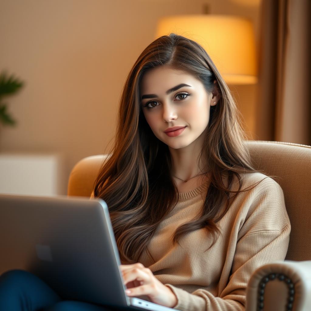 A beautiful young woman with long brown hair sitting in an elegant armchair, gently holding a laptop