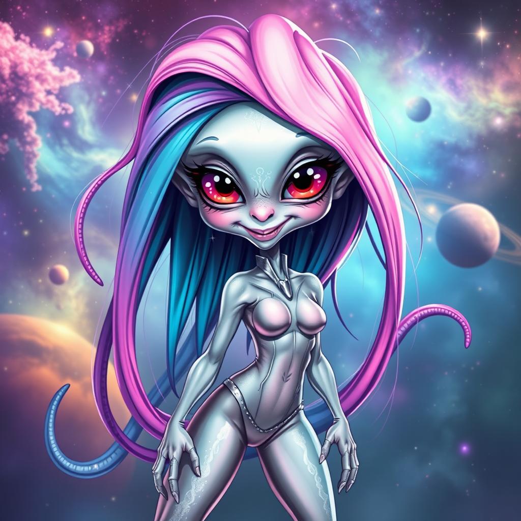 A whimsical caricature of a full body female alien with long, flowing tentacles for hair, cascading down her back in vibrant hues of pink, teal, and purple