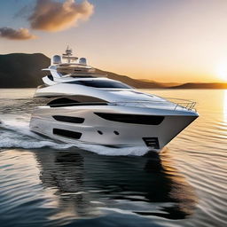 Generate images of a stunning, high-end boat against a majestic sunrise over calm ocean waters, with the emphasis on the sleek design, luxurious details, and warm sunlight reflecting on polished surfaces.