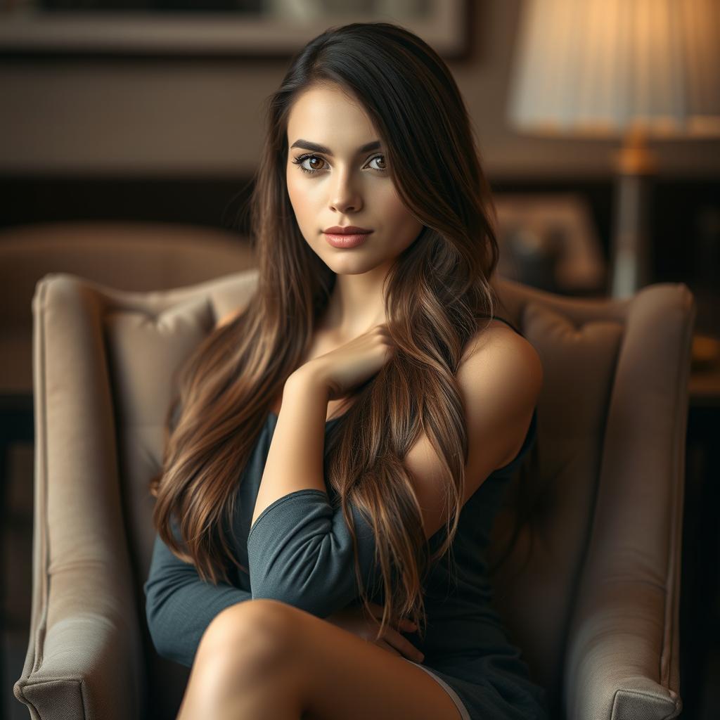 A beautiful young woman with long brown hair sitting gracefully in an elegant armchair