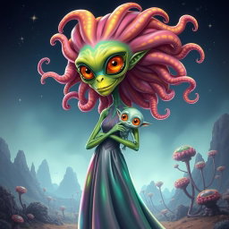 A full body caricature of a female alien mother, depicted as a tall, slender figure with an elongated neck and large expressive eyes