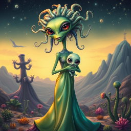A full body caricature of a female alien mother, depicted as a tall, slender figure with an elongated neck and large expressive eyes