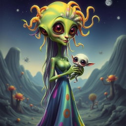 A full body caricature of a female alien mother, depicted as a tall, slender figure with an elongated neck and large expressive eyes
