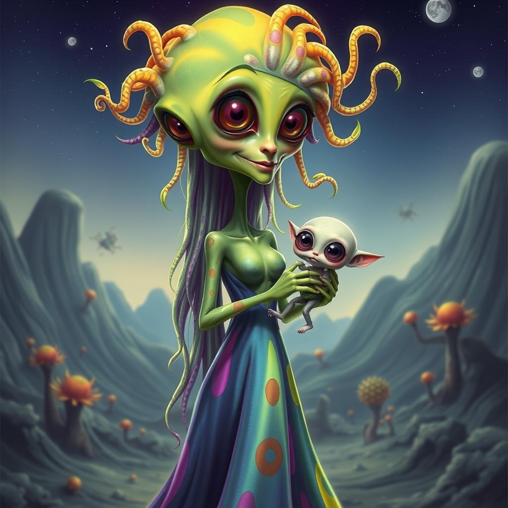 A full body caricature of a female alien mother, depicted as a tall, slender figure with an elongated neck and large expressive eyes