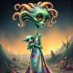 A full body caricature of a female alien mother, depicted as a tall, slender figure with an elongated neck and large expressive eyes